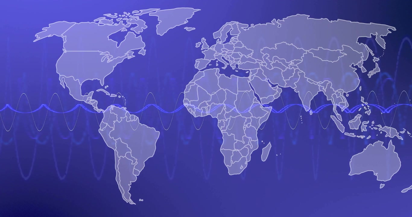 Oscillating sine waveform starting world map outlines building across gradient for infographic