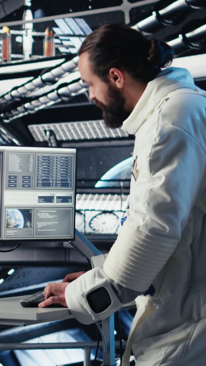 Vertical video Astronaut blinded by light from alien vessel while mapping unknown worlds