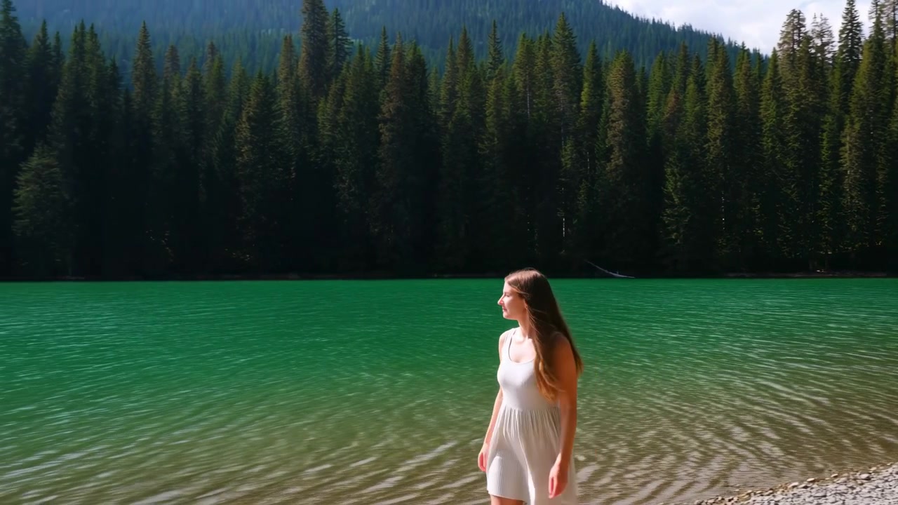 Woman walking, in beach with forest in the background, with sand, trees, from a eye-level perspective perspective, with green, blue accents, and peaceful and serene mood, nearby objects.