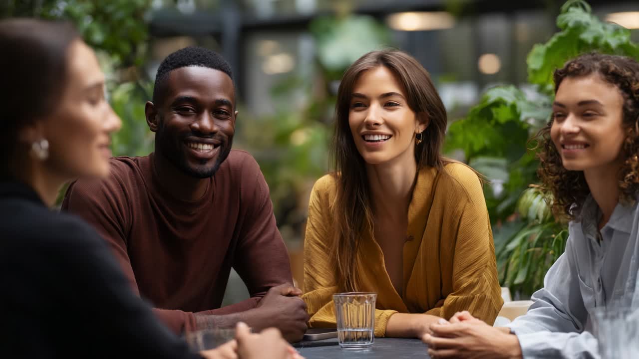 A Group of Friends Enjoying a Relaxed Moment Together at a Table Surrounded by Lush Greenery, Smiling and Engaging in Conversations in a Bright and Inviting Atmosphere