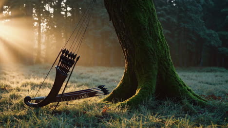 ancient arrows in the forest at sunrise
