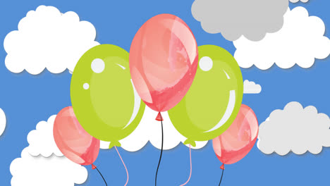 Animation-of-colorful-balloons-flying-over-cloudy-sky