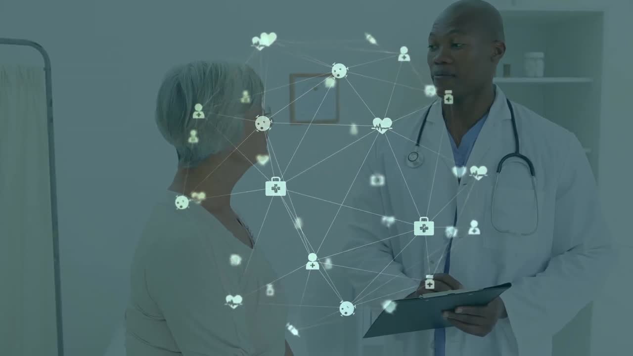Animation of network of connections over african american male doctor with female patient