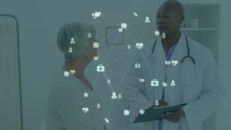 animation of network of connections over african american male doctor with female patient