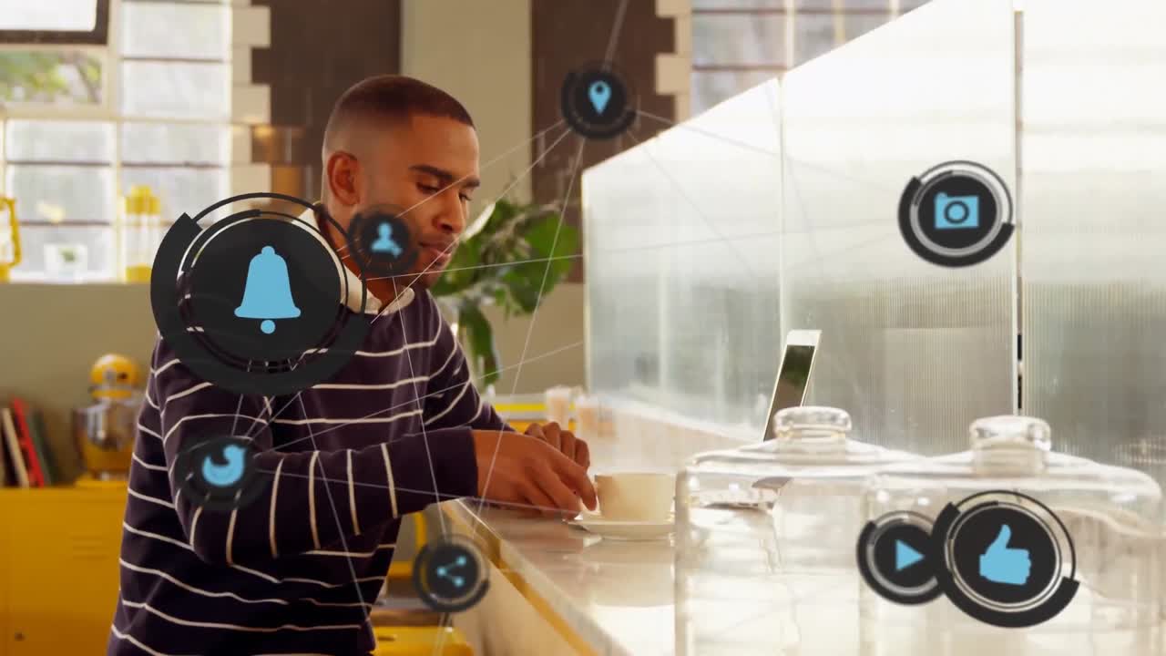 Web of connections icons against man using laptop