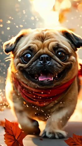 happy pug running through colorful autumn leaves in a park. a cheerful pug joyfully dashes through vibrant autumn leaves, enjoying a sunny day in the park. vertical video