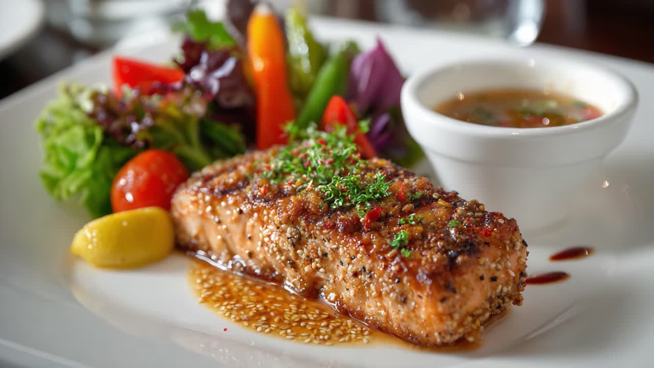 Deliciously Grilled Salmon Fillet Served with Fresh Salad and Flavorful Sauce Assortment, Showcasing a Perfect Culinary Dish for Food Enthusiasts