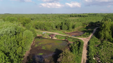 small irrigation pump station beside a murky pond surrounded by dense forest, unpaved roads, and wetland plants near parana delta, argentina, aerial view, real time