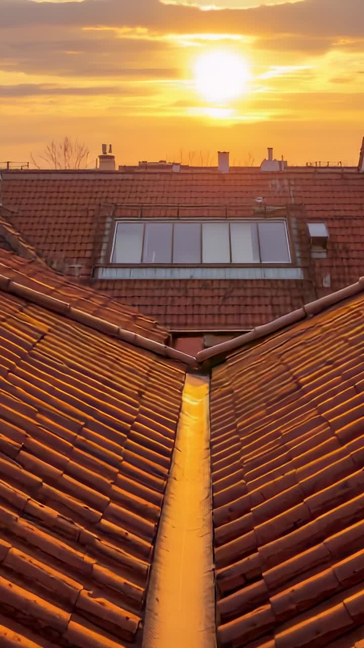 Video verticale: ripresa del canale di scolo centrale a forma di V che riflette il sole basso sulle tegole in terracotta