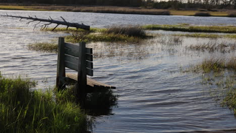 Bench-covered-up-with-water-from-high-tide,-coastal-flooding