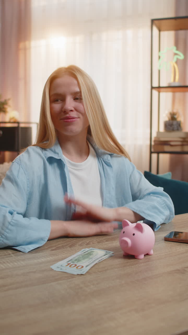 Young smiling woman saving money at home piggy bank deposit future planning satisfied mindset