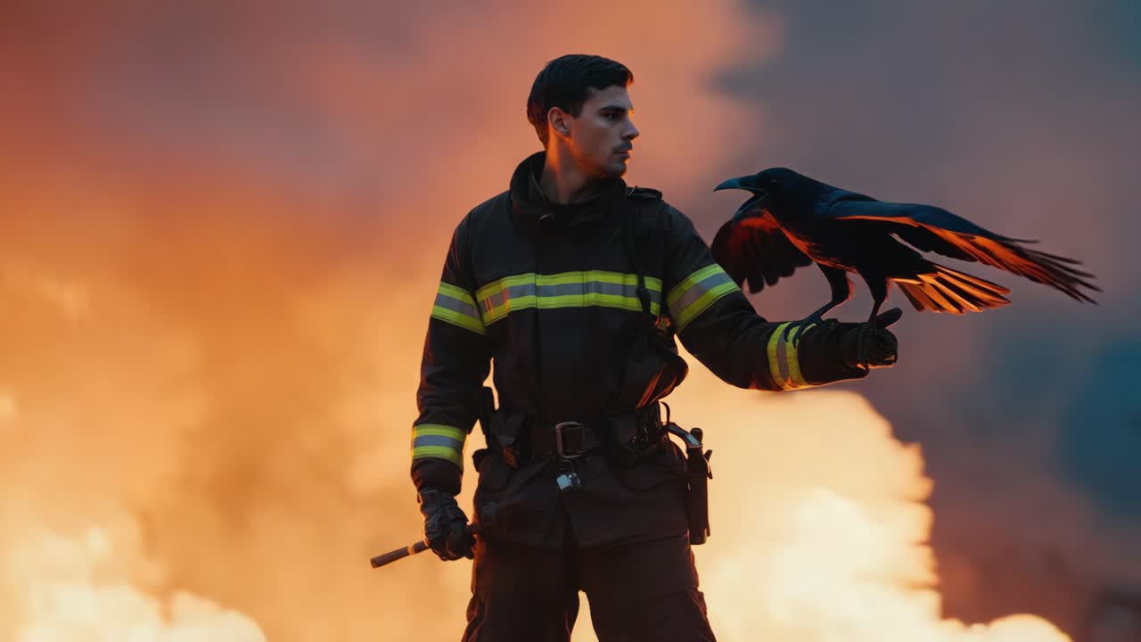 A firefighter with a crow in front of a fire