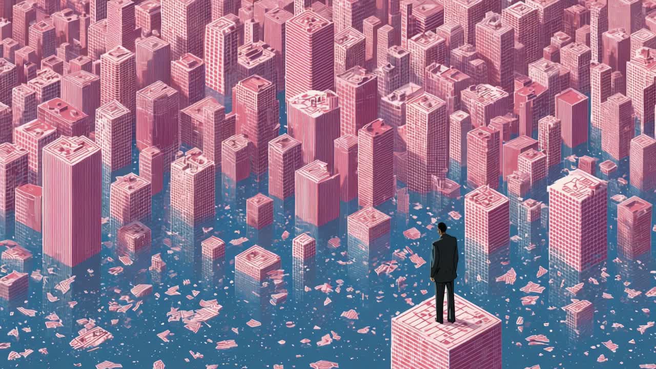 A solitary figure stands atop a pedestal surveying a sea of shattered skyscrapers below, embodying themes of isolation, reflection, and contemplation amidst a vast urban landscape filled with broken structures