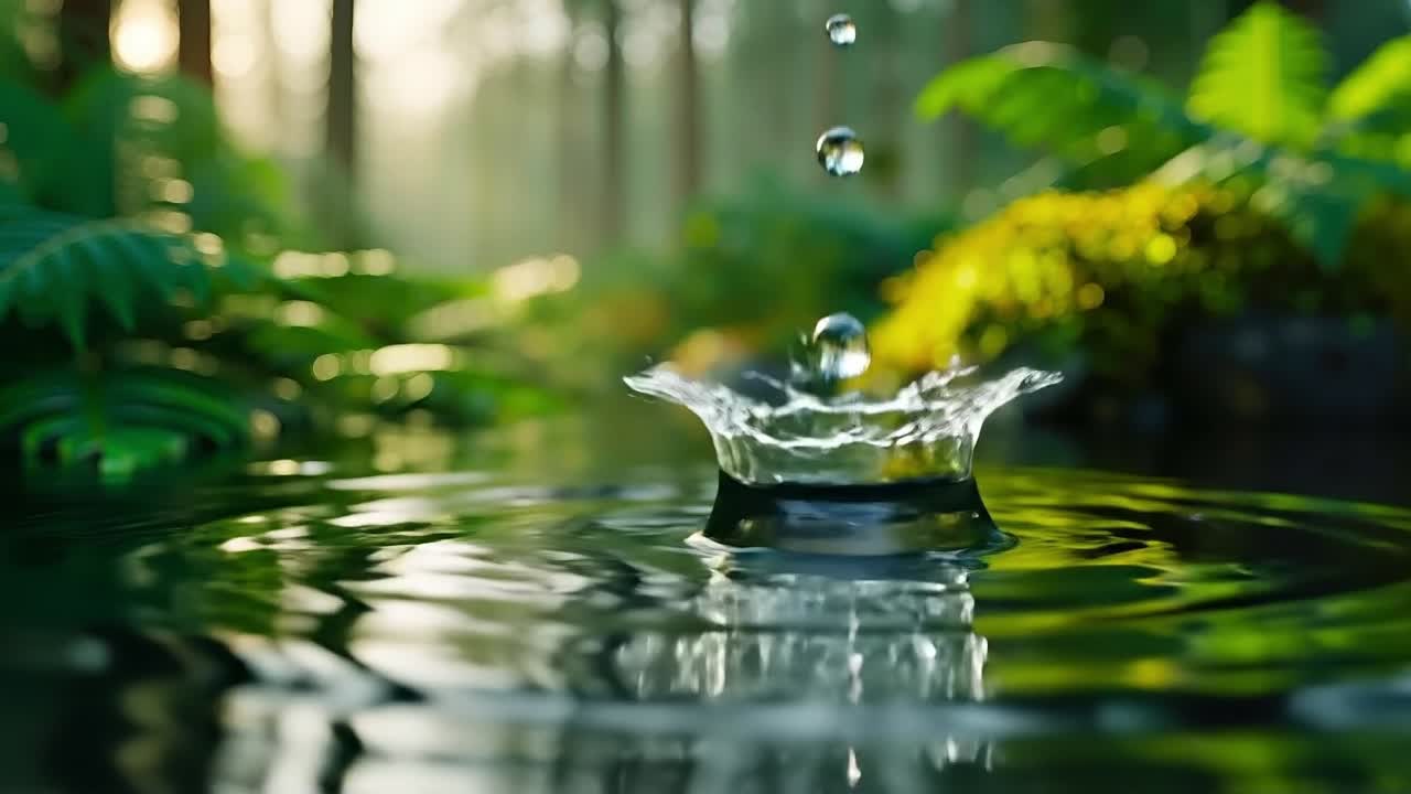 A drop of water falling into a pond in the woods
