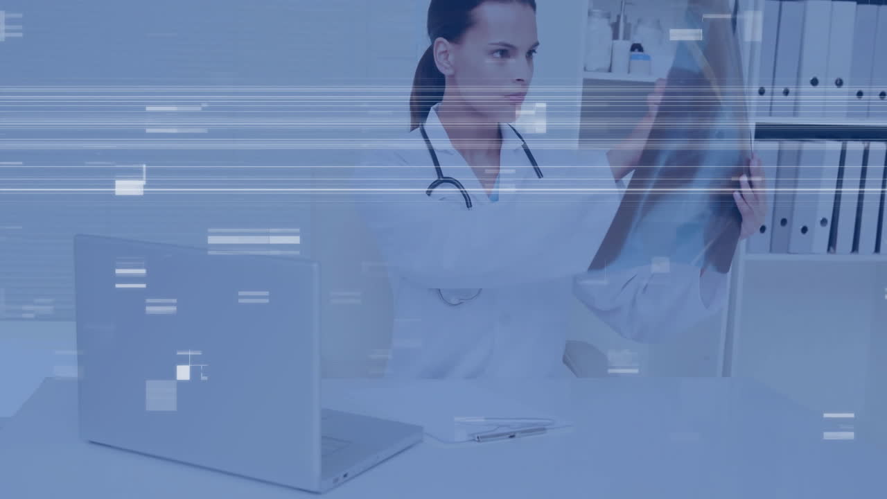 female doctor examining X-ray film in medical office, overlaying glitch lines and data rectangles