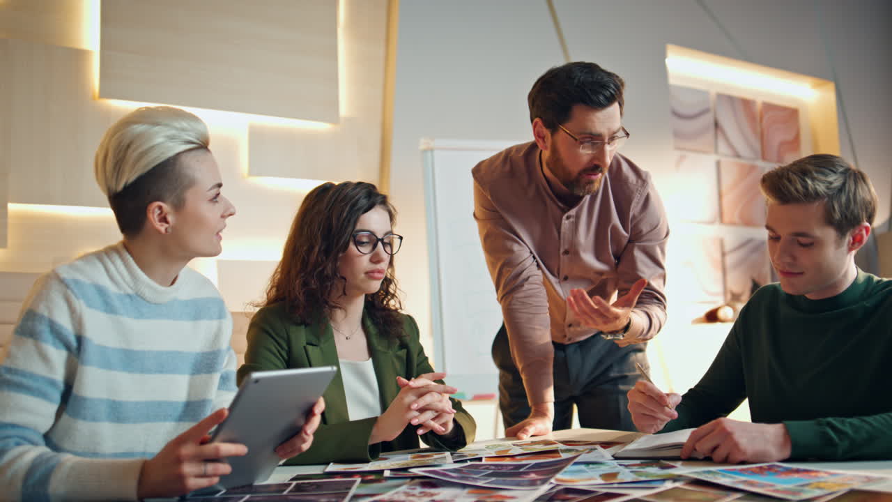 Partners cooperating office boardroom discussing ideas close up. Team talking