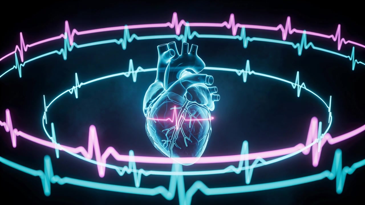 Cuore al neon pulsante che brilla e si espande nel vuoto centrale, con picchi che si muovono su anelli allineando una traccia ECG rosa.