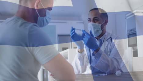 animación de la bandera de finlandia con un médico masculino con máscara facial que muestra la vacuna contra la covid al paciente