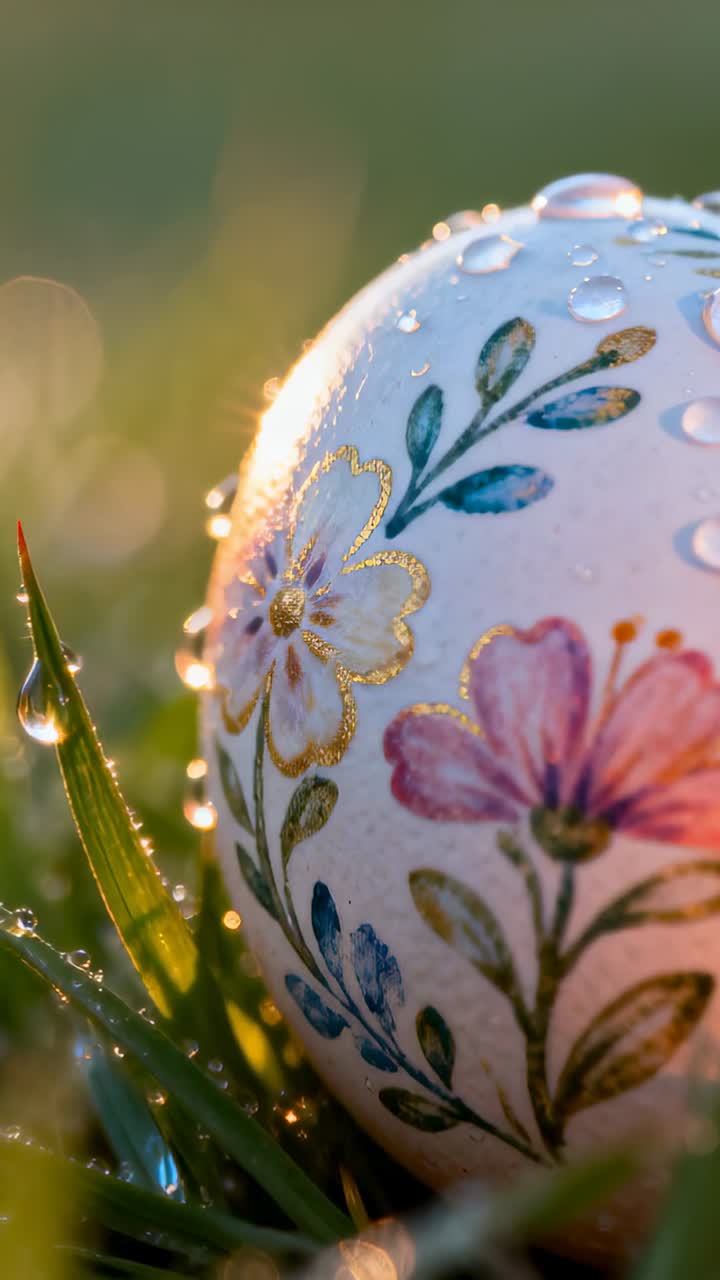 Vertical video: Shifting camera revealing painted egg in grass at dawn, bringing dew into relief