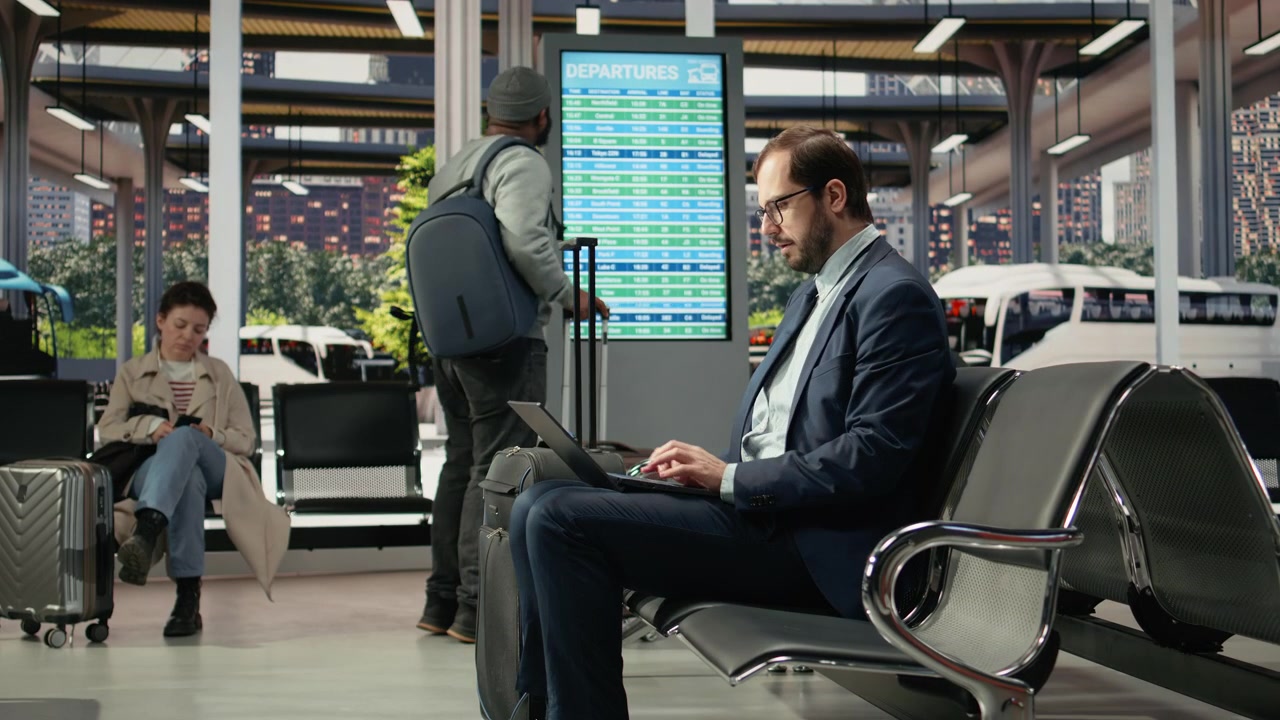 Un viaggiatore d'affari attraversa la stazione degli autobus portando un notebook.