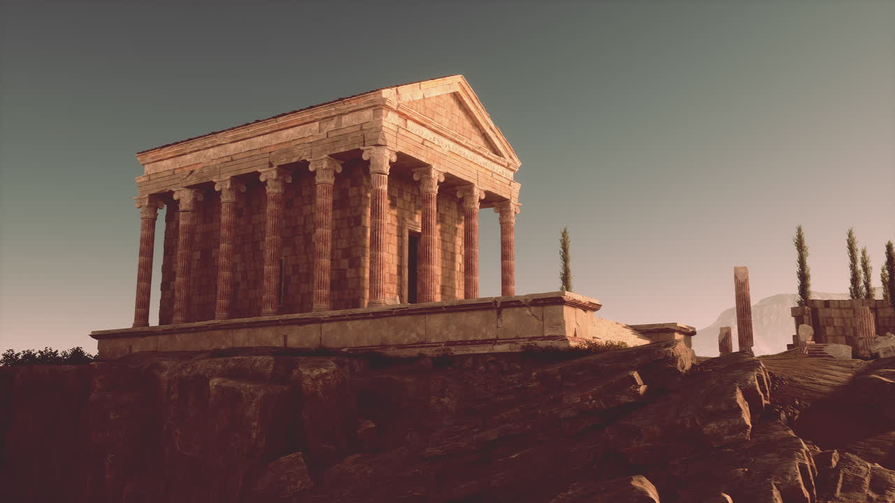 Exploring the majestic ruins of an ancient roman temple in a serene landscape