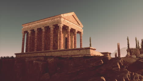 exploring the majestic ruins of an ancient roman temple in a serene landscape