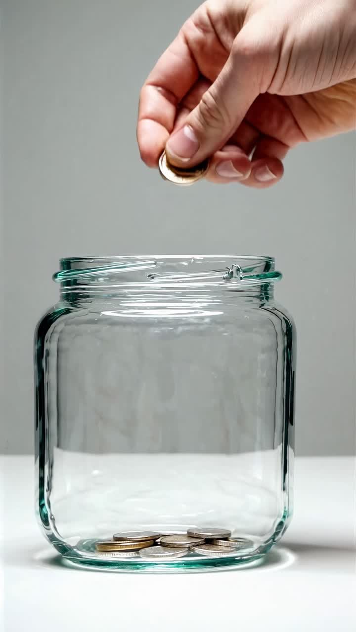 Close-up, eye-level shot of a hand dropping coins into a glass jar, symbolizing savings