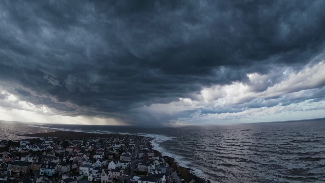 Aerial video captures a dramatic storm approaching a coastal town, with dark clouds and turbulent
