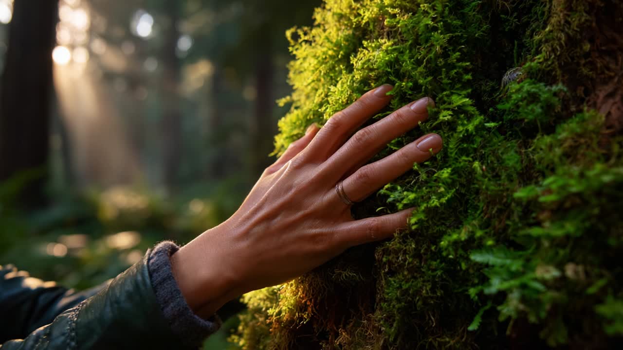 A Serene Connection with Nature: A Close-Up of a Hand Gently Touching Lush Green Moss on a Tree in a Sunlit Forest, Highlighting the Beauty of the Natural World and Our Interactions with It