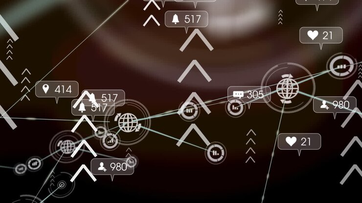 Animation of network of connections with media icons over arrows
