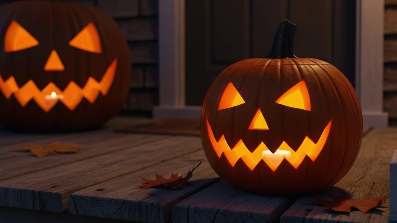 Mysterious Jack-o'-lanterns Illuminate Autumn Night with Spooky Grins: A Captivating Halloween Scene Featuring Terrifyingly Delightful Pumpkins