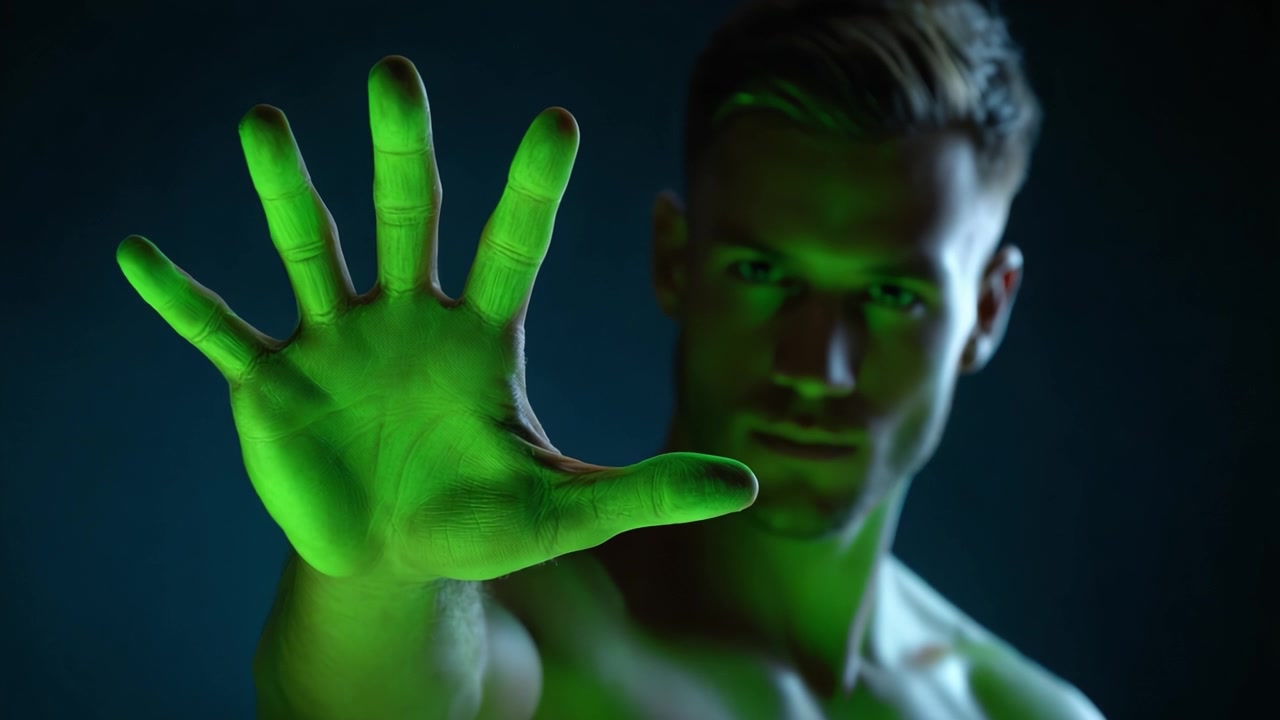 Un individuo muscoloso mostra un palmo verde illuminato su uno sfondo scuro, esibendo un'espressione sicura e potente in una composizione visiva sorprendente.