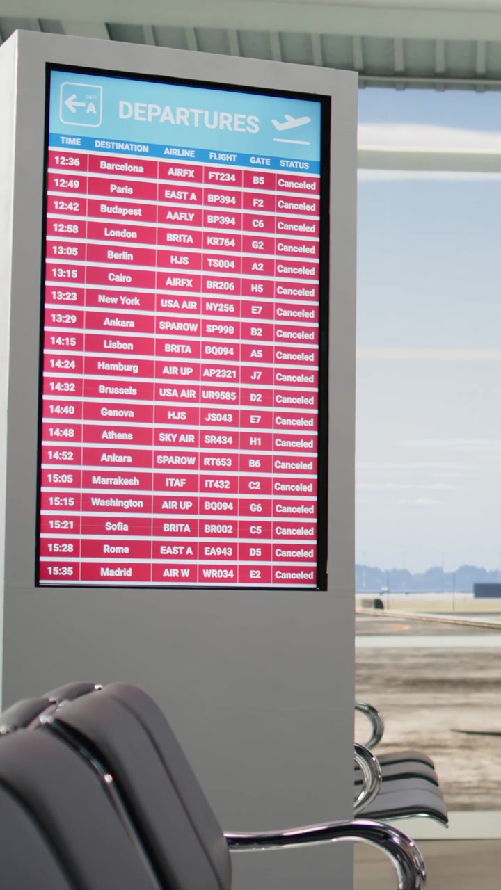 Video vertical: Terminal de aeropuerto vacía con vuelos cancelados en la pantalla de información