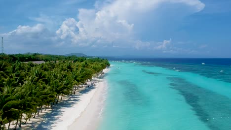 aerial take off along beautiful shore line of turquoise blue sea and palm trees on white beach, panglao island, bohol, visayas, philippines