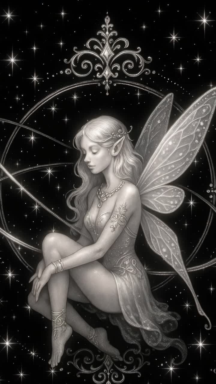 Fata fantasy monocromatica seduta tra stelle scintillanti