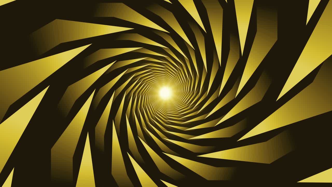 Yellow looped acute-angled shapes. Animated  radial spiral background