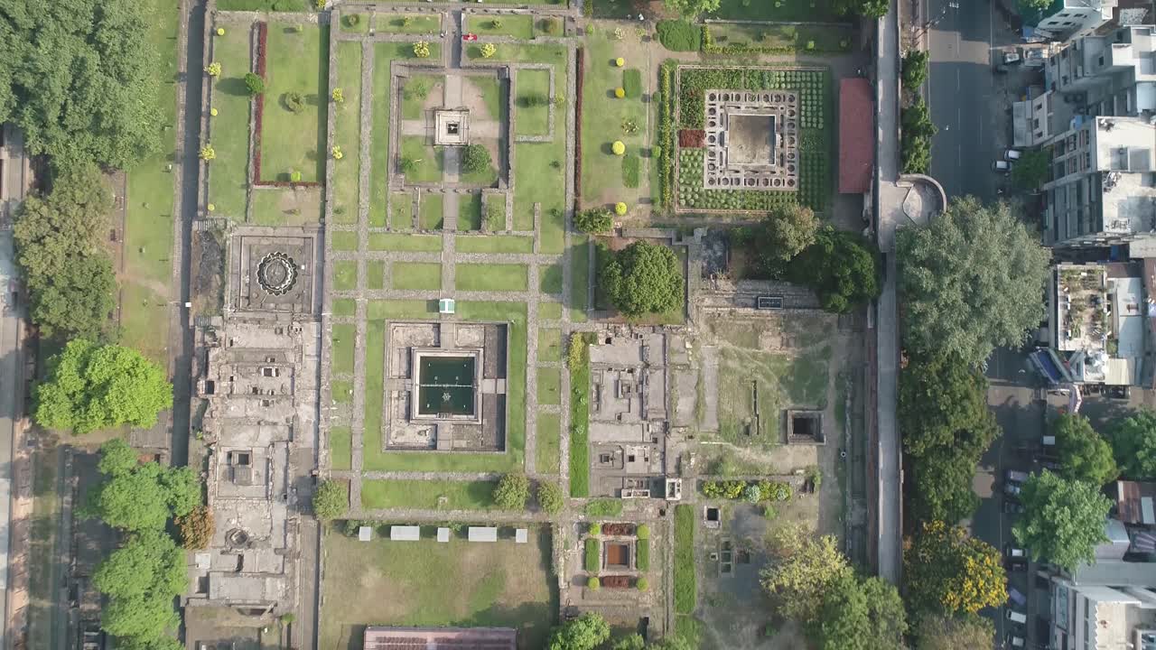 Aerial 4K view of Shaniwarwada - Pune city in India during nationwide lockdown due to coronavirus - COVID-19 pandemic outbreak - Pune, Maharashtra