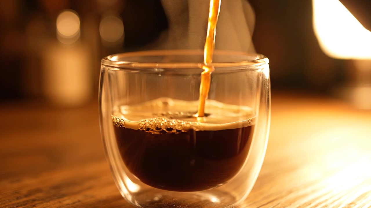 ダブルウォールグラスに淹れたての熱いコーヒーを注ぐ