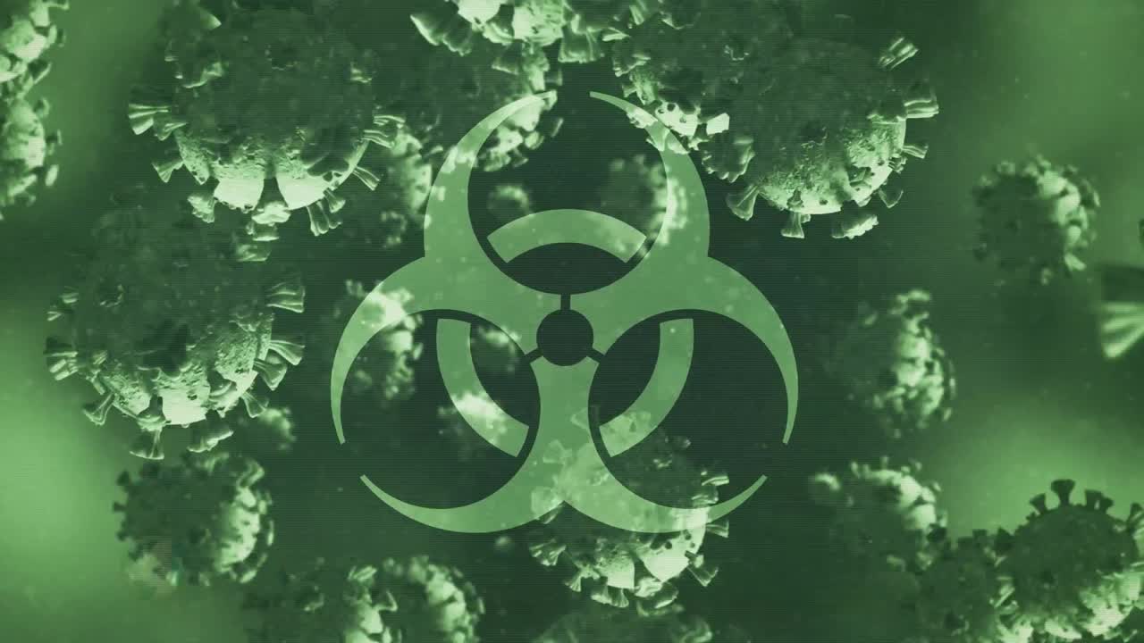 animación de las células de covid-19 volando sobre el canto de advertencia