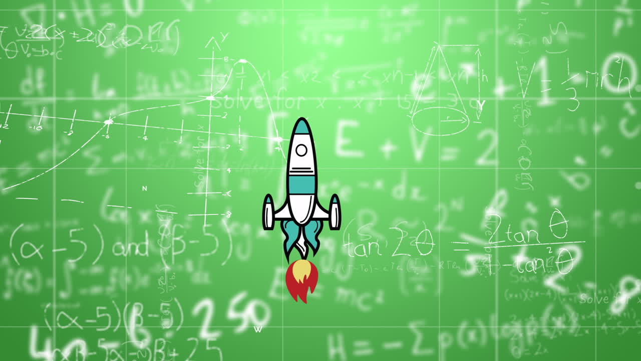 Rocket animation with mathematical equations on green chalkboard in school setting