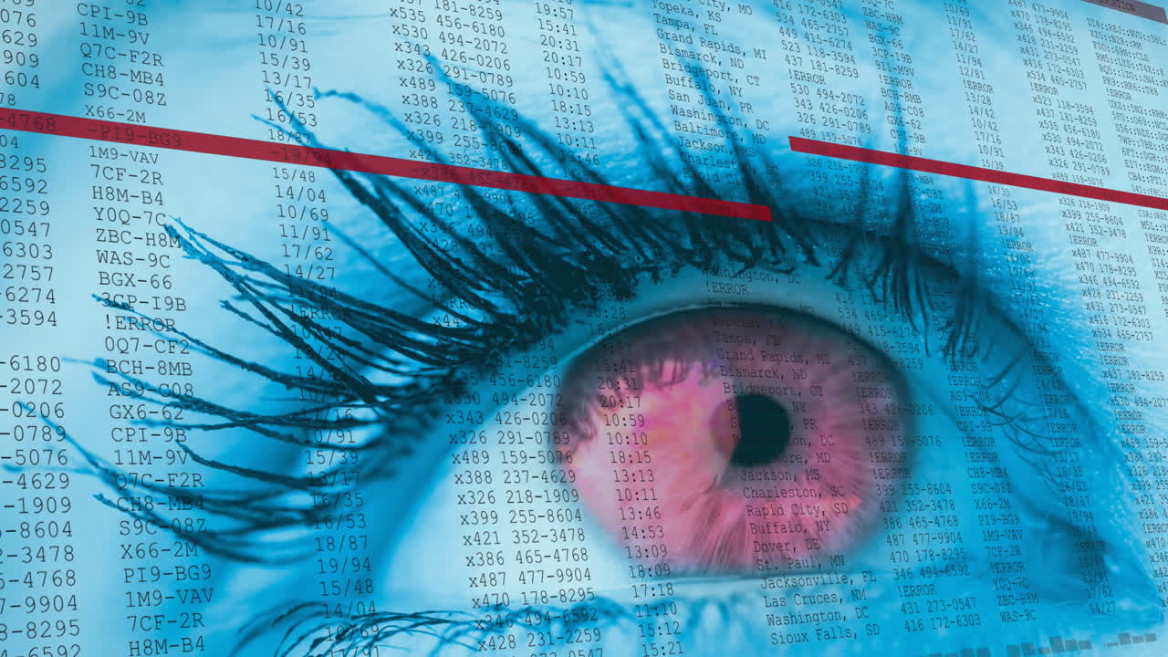 animación de la apertura del ojo rojo de la mujer con información digital que se desplaza y líneas rojas en movimiento