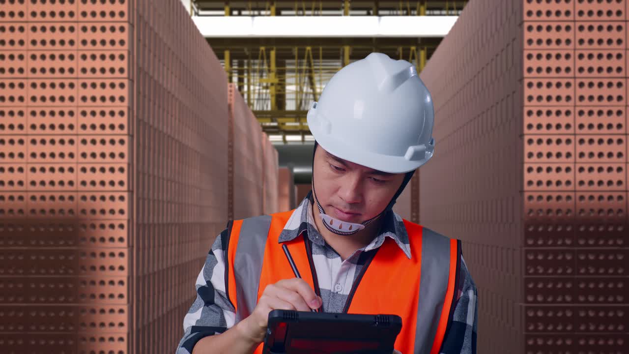 Close Up Of Asian Male Engineer With Safety Helmet Taking Note On The Tablet And Looking Around While Standing With Red Brick Packed in Stacks Are Stored