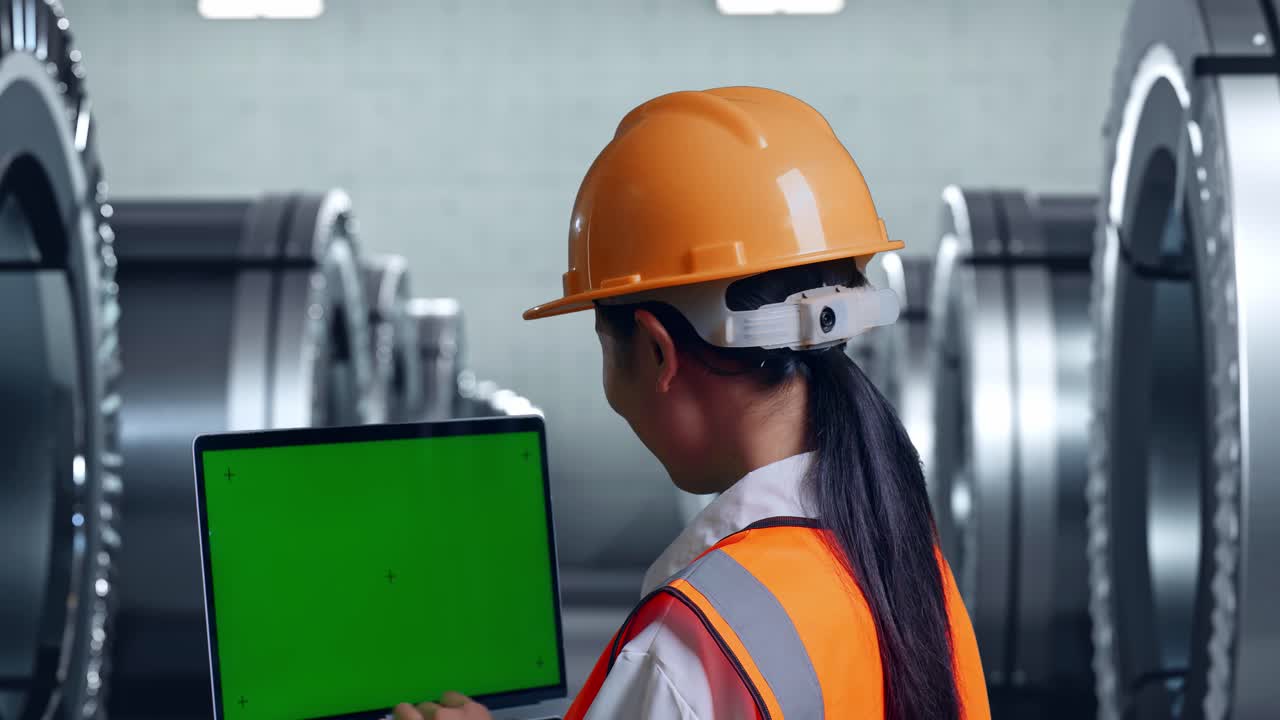 안전 헬을 입은 아시아 여성 엔지니어가 녹색 화면 노트북에서 작업하고 금속 공장에서 주변을 둘러보고 있는 근접한 뒷면