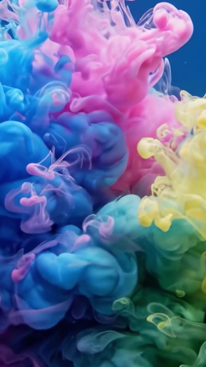 Vortici e nuvole vivaci e colorati che creano una visualizzazione eterea di dinamiche fluide sott'acqua in un contrasto visivo accattivante e bellissimo