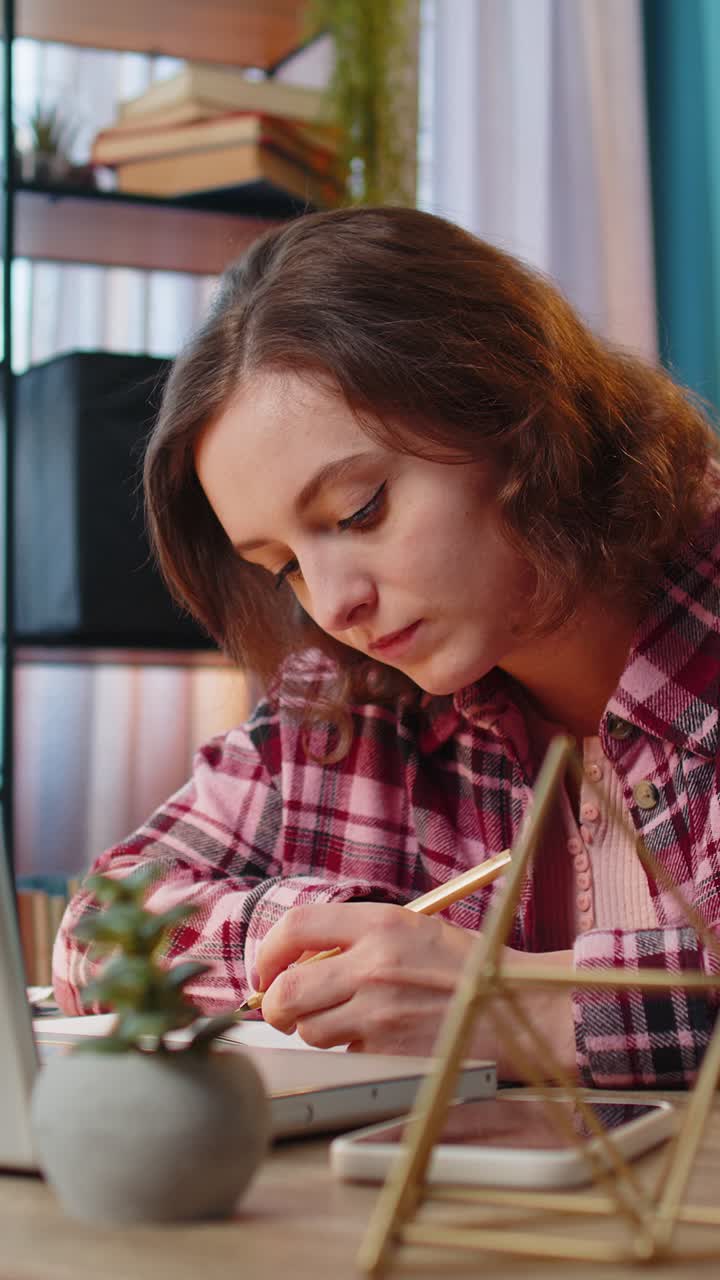Business woman working on laptop computer online writing notes in planner notebook at office