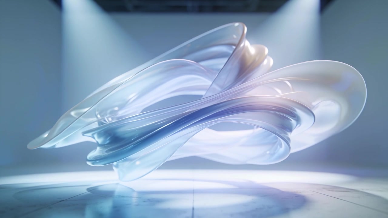 Rotating motorized iridescent ribbon sculpture revealing folds on polished floor under spotlights