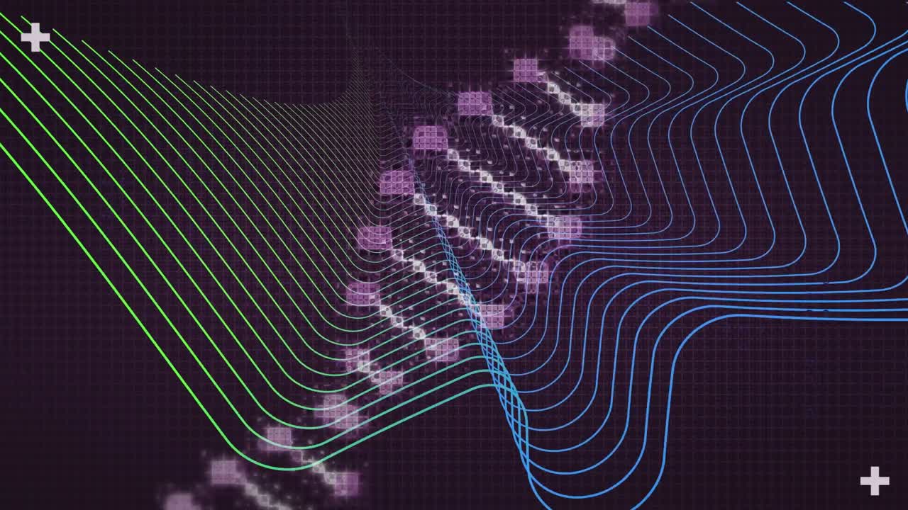 Animation of digital dna strand rotating over green and blue curved parallel lines, on black
