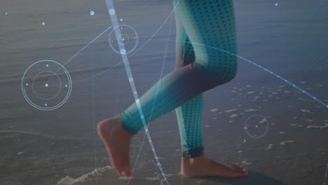 animación de redes de conexiones sobre mujer caucásica caminando por la playa
