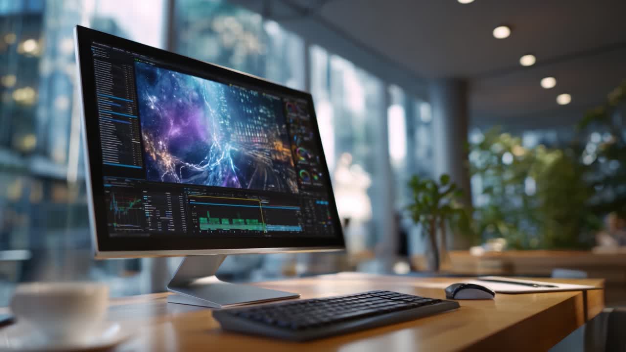 Sleek Modern Workspace with a High-Tech Monitor Displaying Vibrant Graphics and Data Analytics in a Bright, Contemporary Environment