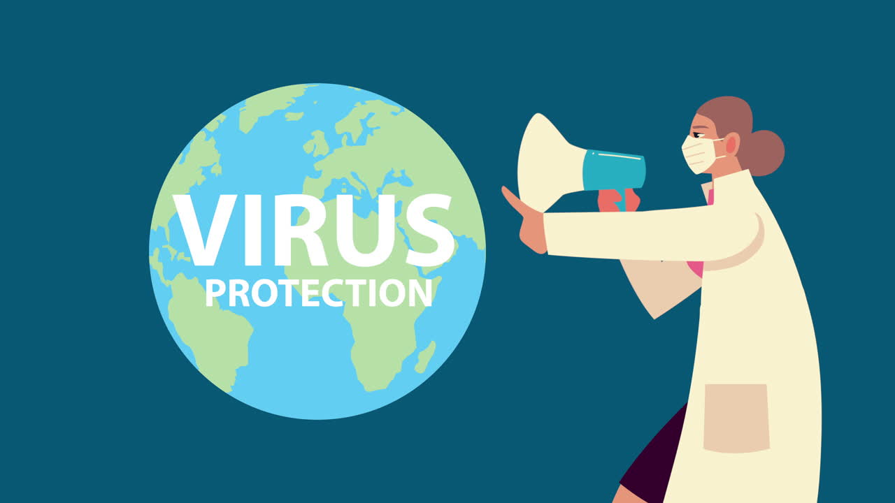 메가폰 캐릭터와 함께 의료 마스크를 착용 한 여성 의사